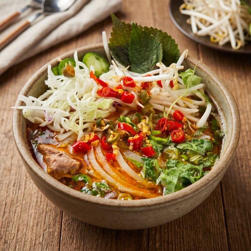 Spicy Vietnamese noodle soup with beef, cabbage, bean sprouts, and red chilies in a rustic bowl.