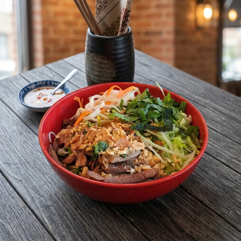A vibrant Vietnamese noodle bowl with meat, vegetables, and peanuts, served with a side sauce.