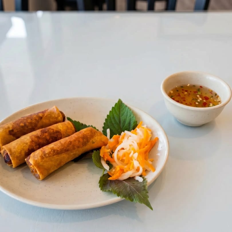 Three crispy spring rolls with pickled vegetables and a dipping sauce on a white plate.