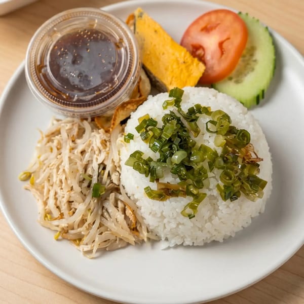A plate of white rice topped with green onions, bean sprouts, sliced tomato, cucumber, and a side of sauce.
